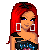 Pixel art contact sheet showing a red-haired female character in various poses with text elements on pink and gray backgrounds.