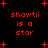 Red pixelated text 'shawti is a star' repeated four times on black background with red plus signs, static display.