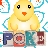Pixelated yellow chick with black eyes and orange beak sits above stylized text 'PONI' in blue, red, and brown blocks.