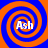 Four identical spiral patterns with alternating blue and orange rings, each containing the text 'Ash' in white, arranged in a on a solid orange background