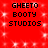 Red background with white sparkles and repeated black text "GHEETO BOOTY STUDIOS" in two across the image