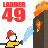 Animated pixel art of a firefighter spraying water on flames atop a building, with 'LADDER 49' text in red above.
