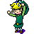 Pixel art character with yellow hair and green tunic performs six distinct poses against gray background, each pose showing different arm positions and blue sparkles.