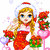 Animated icon of a blonde woman in Santa hat holding red roses and green gift box, with pink floral background.
