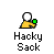 Pixelated character with white head and yellow body holding green object, text 'Hacky Sack' below, on gray background.