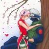 Two anime-style figures embrace under a tree with heart symbols, one in red sleeveless top and green skirt, the other in white and green clothing.