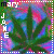 Green cannabis leaf on swirling pink and blue background with vertical text 'mary' and 'JAME' in white and black pixels.