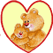 Two heart-shaped frames with red borders contain brown teddy bears; left frame shows two bears hugging, right frame adds a small red heart symbol.