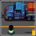 Pixel art scene showing a blue truck with red splatters on its side, an orange container trailer, and a small figure in green-and-white clothing standing below.