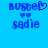Pixelated blue text on cyan background shows 'buster' with heart symbol, two small hearts, and 'sadie' below; right side lacks heart symbol.