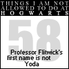Black-and-white pixelated image with text at top, large gray numbers '58' in center, and smaller text below stating 'Professor Flitwick's first name is not Yoda'.