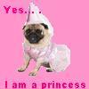A pug dog wearing a white hooded outfit with a pointed crown sits against a solid pink background, with pixelated text reading "Yes..." above and "I am a princess" below.
