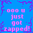 Blue background with purple jagged border and pink pixelated text reading 'ooo u just got zapped!' repeated four times.