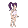 Pixelated cartoon character with purple ponytail, white tank top, and light purple bikini bottoms standing in profile view.