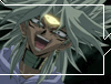 Animated sequence of a character with light green spiky hair and a golden forehead symbol laughing, with red text appearing sequentially across frames.
