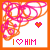 A 50x50 pixel animated buddy icon featuring a white background with orange and pink abstract swirls, two heart symbols, and the text "I ❤ HIM" in pixelated font across two frames showing slight animation changes.