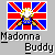 Pixelated Union Jack flag with a central figure holding crossed objects, below which text reads "Madonna Buddy" in blocky font.