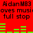 Red background with black text repeating 'AidanM83', 'oves musi', and 'full stop' above green audio equalizer bars that change shape across frames.