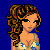 Pixelated icon of a woman with voluminous curly brown hair, wearing a floral-patterned top against solid blue background.