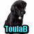 A four- shows a black dog, a light-colored dog, and three dogs together with text reading 'ToulaB', 'LOVES', and 'Labradors' in cyan block letters