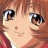 Anime-style character with brown hair and large brown eyes, wearing red clothing, next to black background with white text.