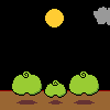 Animated pixel art sequence showing green apple-shaped characters on brown ground with yellow suns and gray clouds, featuring small white-and-brown projectiles and blue question/exclamation marks.