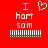 Red background with white pixelated text and symbols: 'I' above a heart, then 'hurt', 'som', and horizontal lines.
