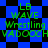 Green text on blue and black checkered background with pixelated distortion effects.