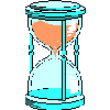 Pixelated hourglass with cyan frame and orange sand, showing sand flowing from top to bottom in multiple stages.