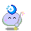 Pixelated character with closed eyes, pink cheek marks, and a blue crescent moon on its head, holding a wand with pink and yellow tips.