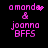 Pixelated pink text on black background shows 'amanda & joanna BFFS' with animated sparkles near the name.