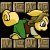 Pixel art animation of a yellow cartoon character crawling on stone blocks with green clothing and brown hair, shown in two sequential frames.