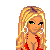 Pixel art of a female character with blonde hair, green eyes, and red top, shown in multiple cropped views with black star overlays and text labels.