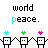 Pixel art icon with repeating text and robot figures, showing color variations in 'peace' across two
