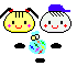 Two pixelated characters with round heads and black limbs hold a blue sphere with colorful dots; one character has yellow skin, red hair ties, pink cheeks, and closed eyes while the other has white skin, purple cap, red cheek marks, and open eyes.