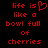 Red pixelated text on black background reads 'life is like a bowl full of cherries' with heart symbol replacing 'is' in left view.