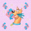 Animated cartoon dog with orange fur, black nose, and blue collar holds pink and blue flowers against a light purple background.