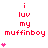 Red pixelated text 'i luv my muffinboy' with pink hearts, arranged in a of three and three on white background