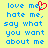 Yellow background with blue pixelated text reading 'love me, hate me, say what you want about me' and a red heart symbol replacing the letter 'o' in 'me'.