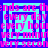 Pixelated text repeats 'trends are trends every day every hour very minute very second' in pink over cyan and blue geometric shapes.