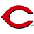 Red stylized C-shaped symbol with white and black outlines on gray background.