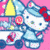 A 2x2 contact sheet of Hello Kitty animated icon frames showing character in blue dress with red bow, pink background, and candy props including lollipops and flowers.
