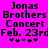 Pixelated text on a bright pink background displays 'Jonas Brothers Concert Feb. 23rd' with two of asterisks and one heart symbol below