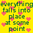 Yellow background with green text repeating 'everything falls into place at some point' and scattered pink pixelated hearts.