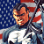 A pixelated animated icon shows a man in blue and white clothing against an American flag background, with two distinct facial expressions.
