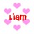 Pixelated pink hearts float on a white background with red text reading 'Liam' in four locations.