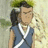 Pixelated image of a character with dark hair tied back, wearing a blue sleeveless top with white trim, standing next to a light-colored animal against a blurred background.