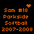 Pixelated orange text on black background with animated heart and sparkles above 'Sam #18 Parkside Softball 2007-2008' text.