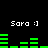 Pixelated green audio equalizer bars animate beneath repeated 'Sara :]' text on a black background.