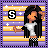 Pixel art character with long black hair, white crop top, black checkered pants, and a purple border with yellow stripes and white stars.